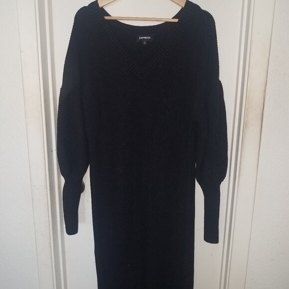 Express Black V Neck Balloon sleeve Midi Sweater Dress Women's size XL - Picture 1 of 5